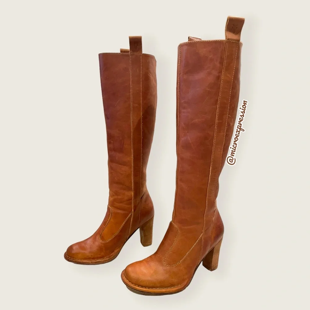 $399 Frye Villager Pull On Knee High Cognac Leather Tall Heeled Distressed Boot - Picture 13 of 15